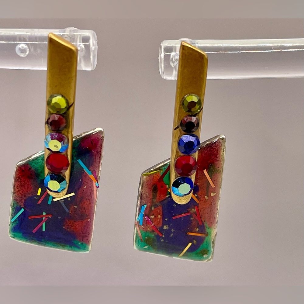 Chico's Gold Tone Rhinestone with Resin Base Colorful Confetti Element Earrings